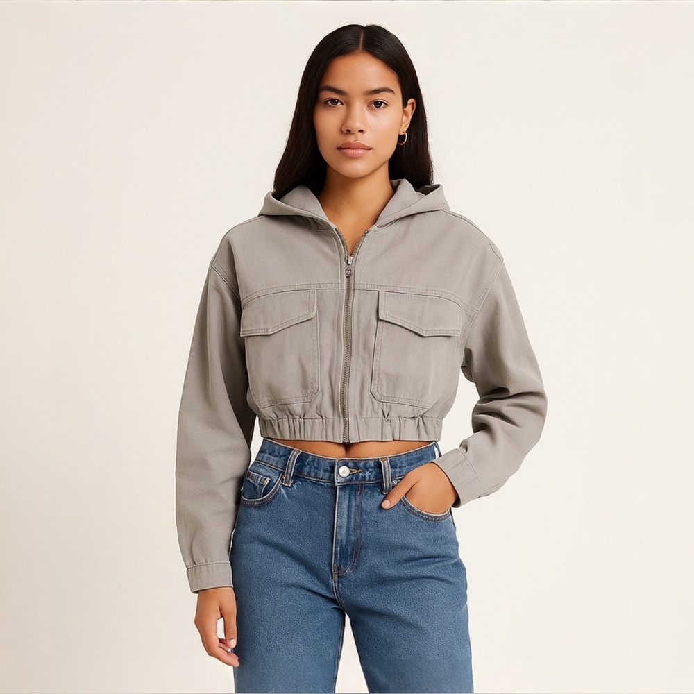 [L] STOOSH NWT Jacket denim cotton cropped hoodie pockets